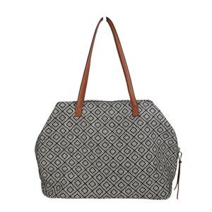 STREET LEVEL Weekender Tote Bag Black Diamond Fabric Brown Straps Carryall